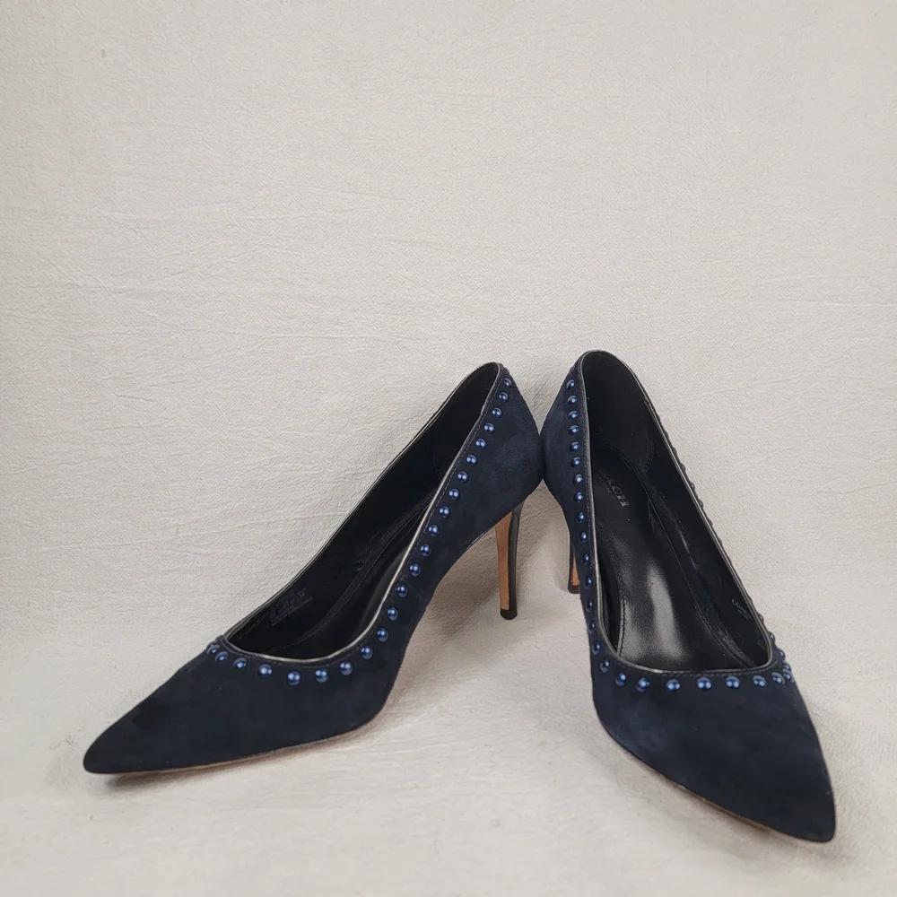COACH Smith Rivets Navy Blue Suede Pointed Toe Pumps Stiletto Heels Size 8 B
​ - Picture 6 of 11
